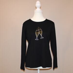 Karen Scott "Cheers" Long Sleeve T sz Petite Large Black & Gold FREE SHIPPING